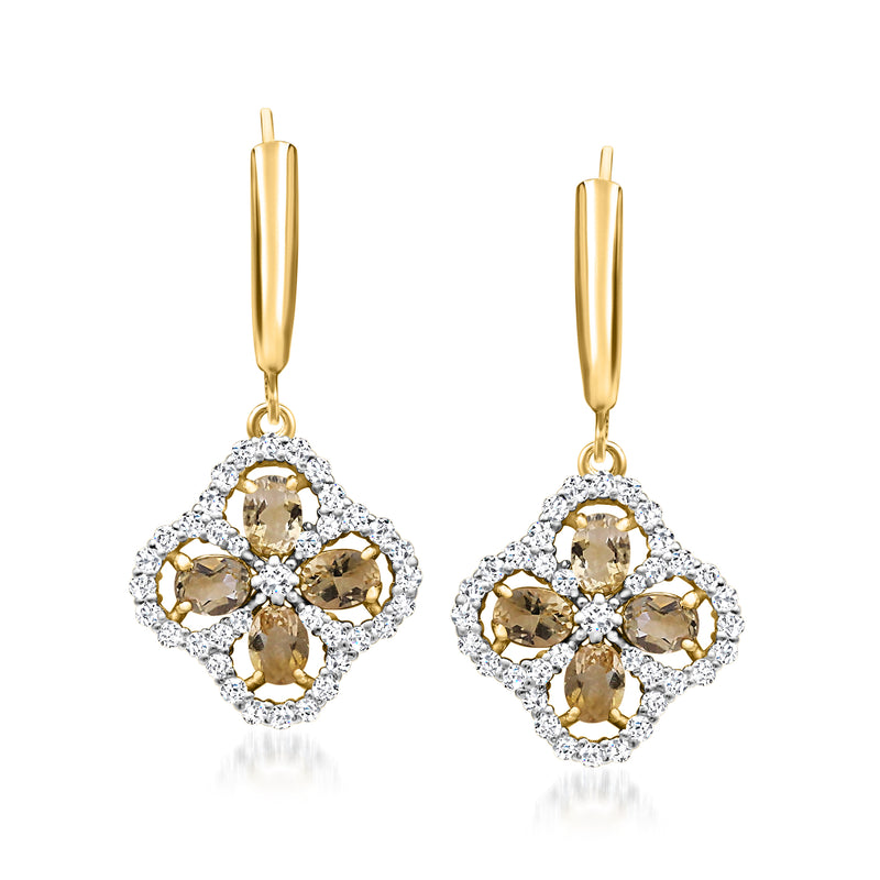 Gold drop clover earrings with citrine and white topaz, leverback style