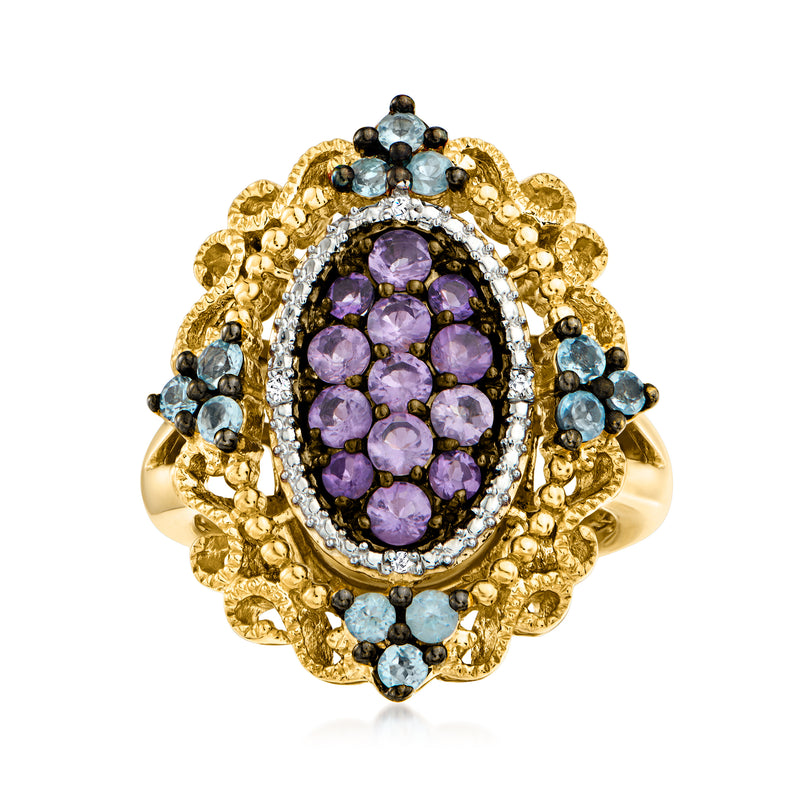 Amethyst oval ring with light blue gemstone surround, diamond halo, 18k gold over sterling