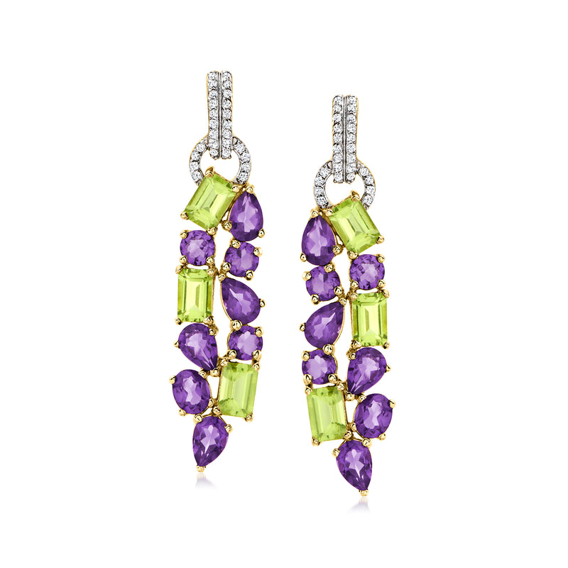 Gold drop earrings with purple amethyst and green peridot gemstones, with white zircon halo
