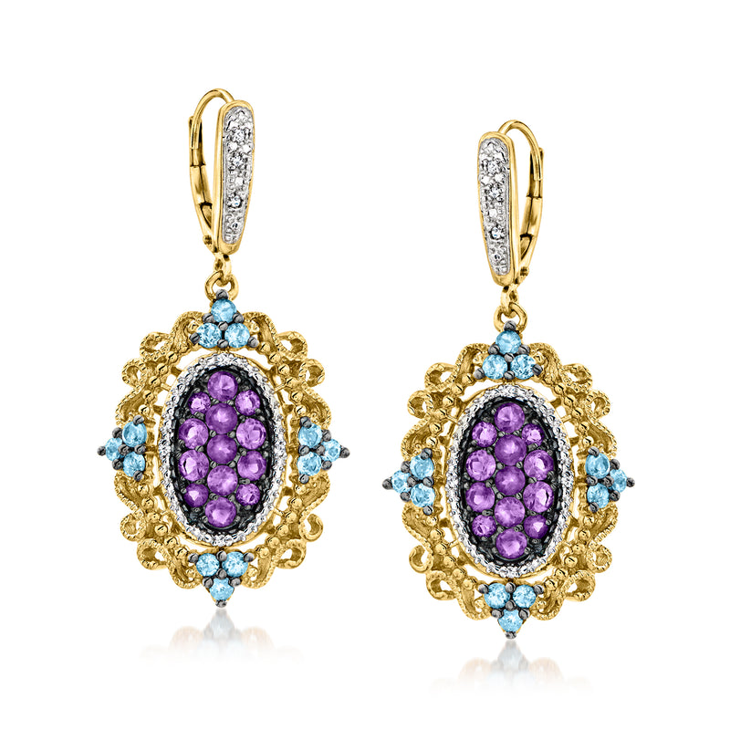 Gold-tone leverback drop earrings with purple oval amethyst, blue topaz halo, diamond accents