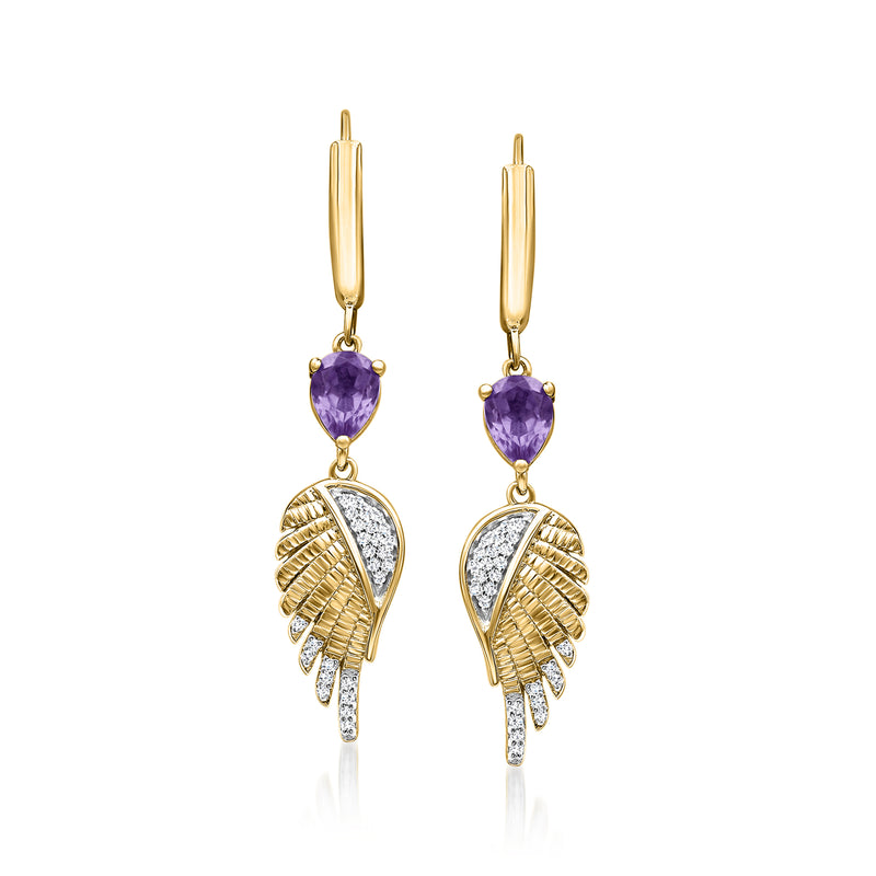 Gold angel wing drop earrings with amethyst heart and white topaz sparkle, leverback