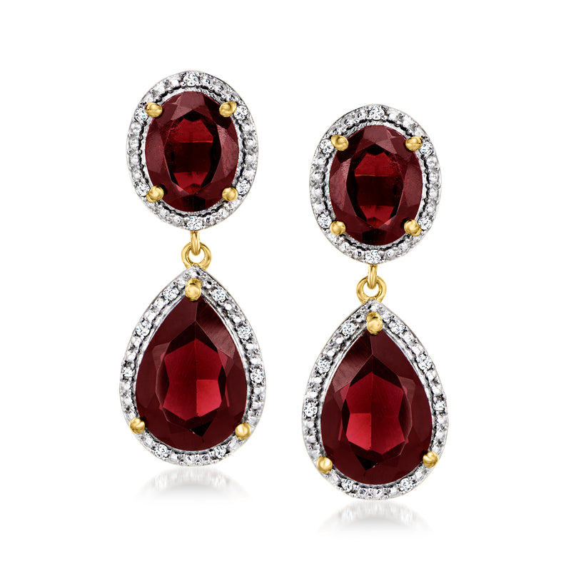 Garnet drop earrings with red oval stones, white diamond-like halos, and gold-toned dangling teardrops