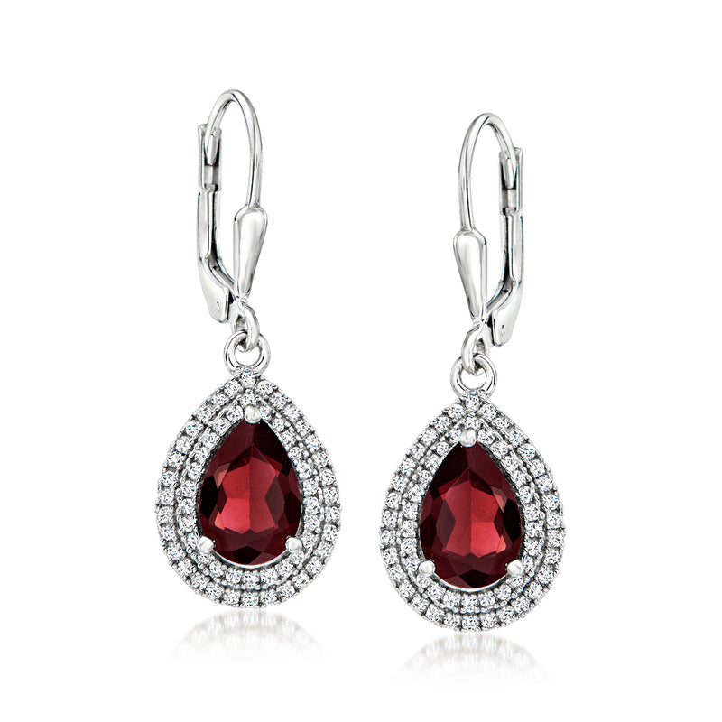 Sterling silver leverback drop earrings with red teardrop garnet and diamond halo