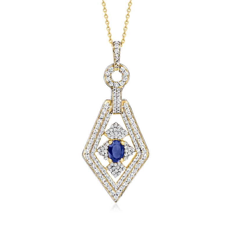 Gold-tone sapphire pendant necklace with diamond halo, round blue center, zircon accents