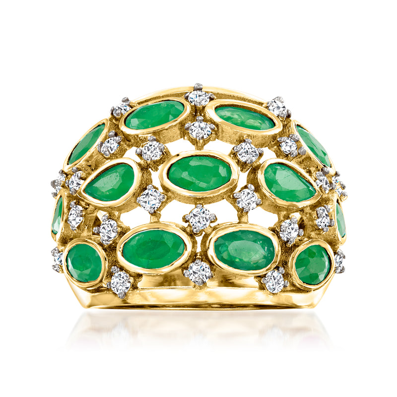 Gold-tone ring with green oval stones and white zircon accents