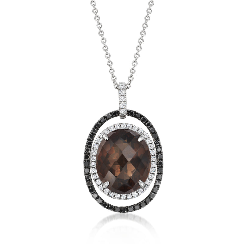 Oval chocolate quartz pendant with double halo and diamond accents on silver chain