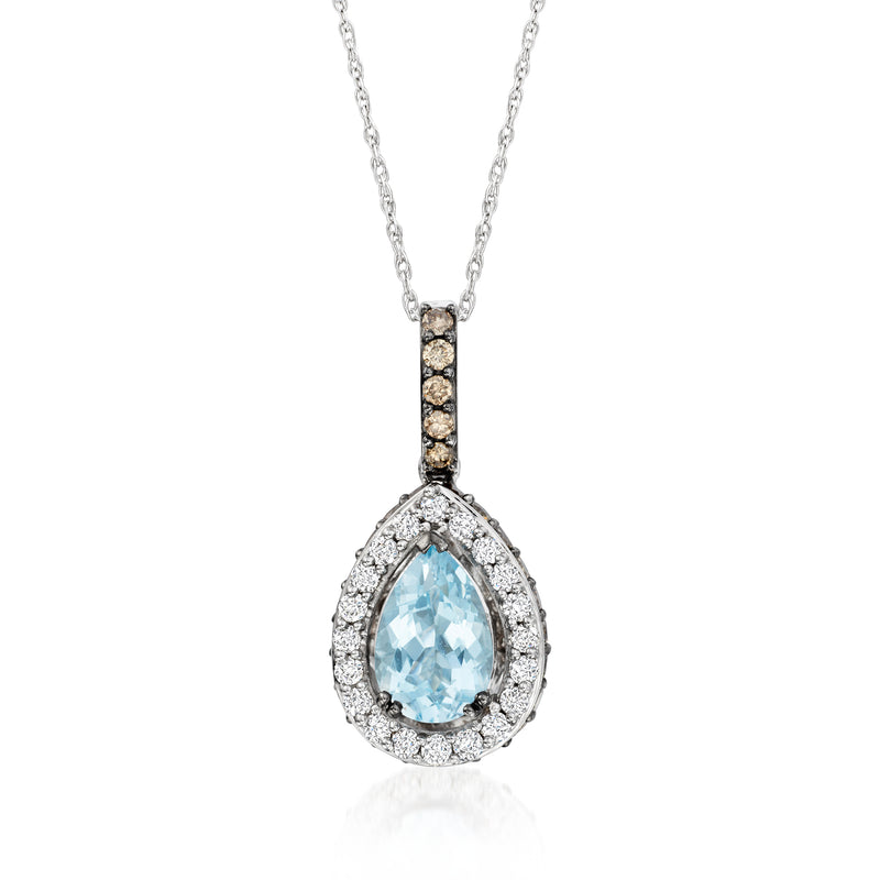Aquamarine pear pendant necklace with diamond halo and vertical chocolate diamond accents