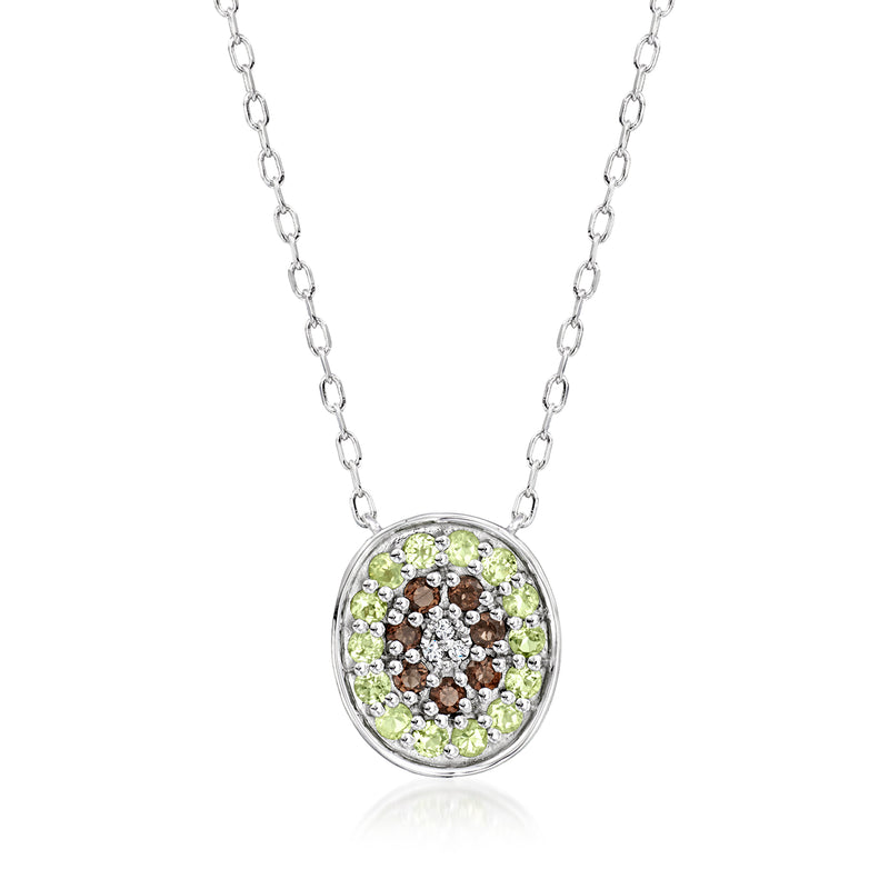 Sterling silver oval pendant necklace with smoky quartz, peridot and diamonds