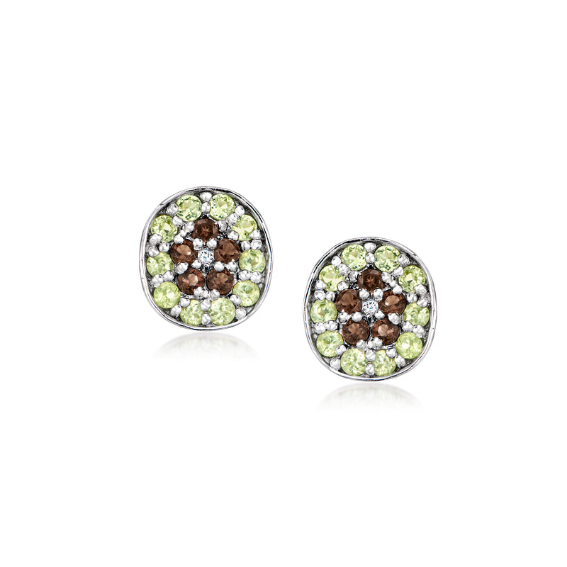 Sterling silver round stud earrings with peridot green stones, smoky brown centers, diamond accents
