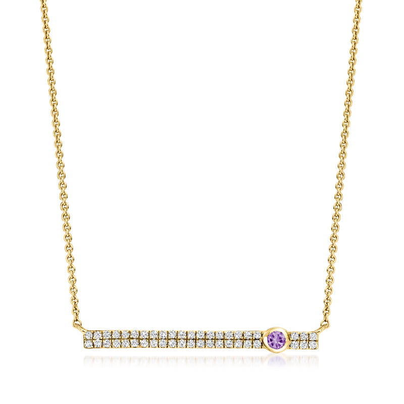 14kt yellow gold bar necklace with white topaz and amethyst accent