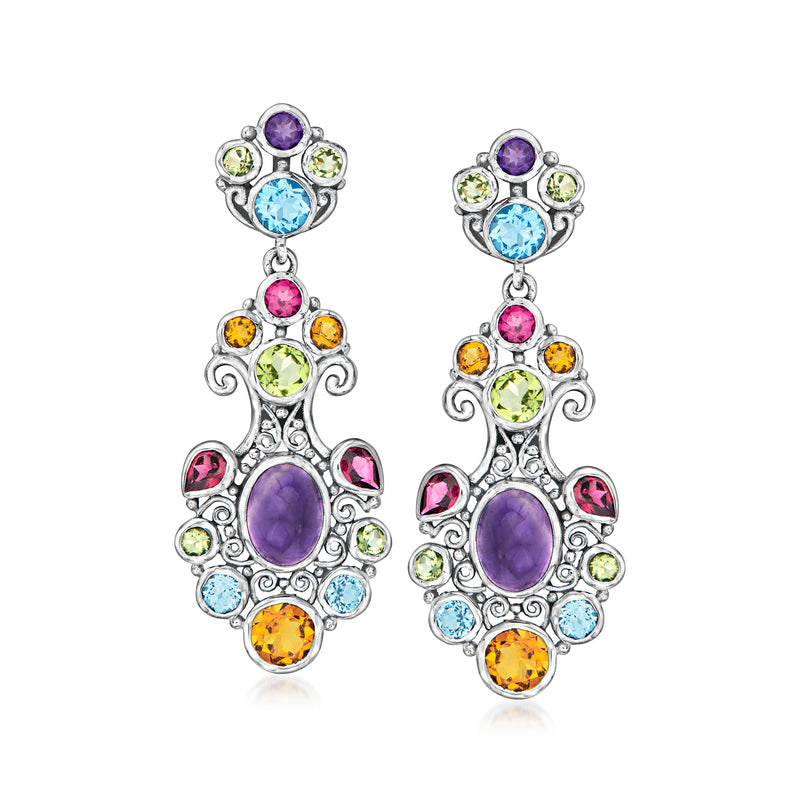 Sterling silver filigree drop earrings with purple oval and multicolor gemstones