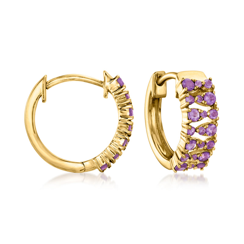 14kt yellow gold huggie hoop earrings with purple amethyst gemstone row