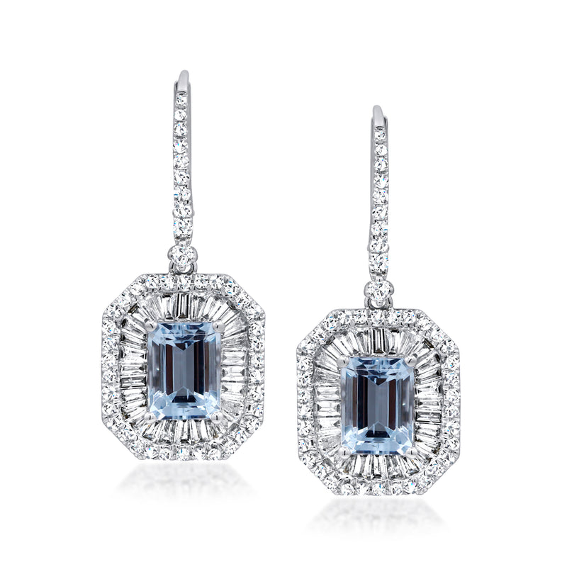 14kt white gold leverback drop earrings with blue aquamarine and diamond halo
