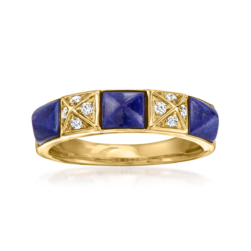 14kt yellow gold ring with square lapis insets and small diamond accents, pyramid setting