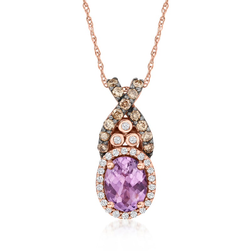 Rose gold pendant necklace with teardrop grape amethyst and diamond halo, cross motif