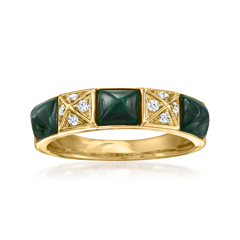 Yellow gold malachite pyramid ring with small diamond accents