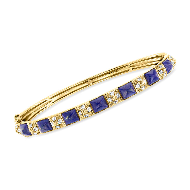 14kt yellow gold bangle bracelet with lapis and diamond pyramid stations