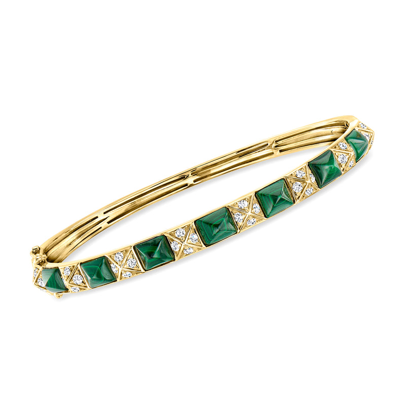 14kt yellow gold bangle with malachite pyramid centers and diamond accents