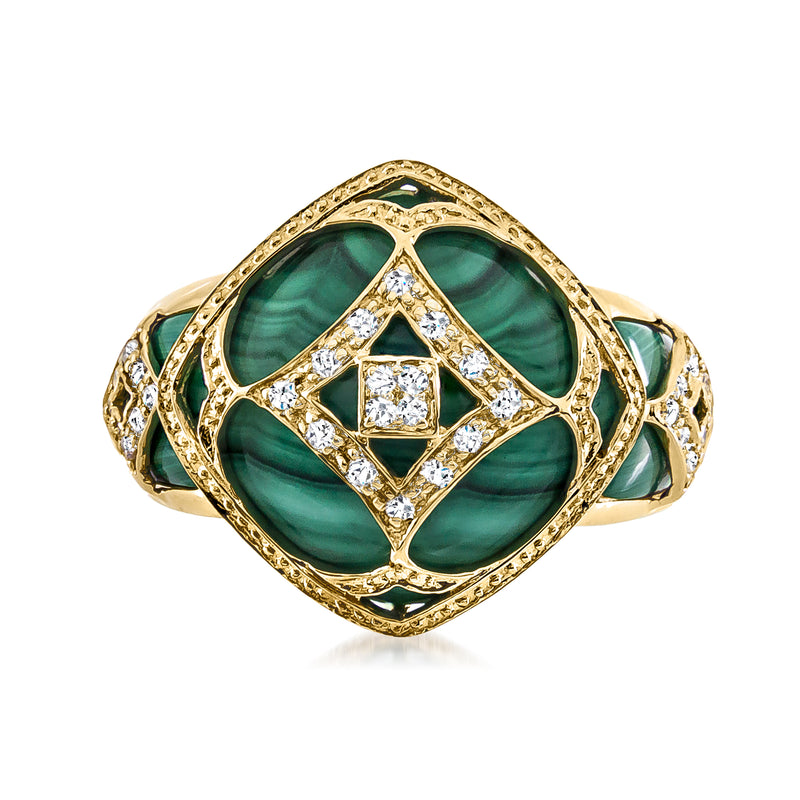 14kt yellow gold ring with oval malachite cabochons and diamond cluster centerpiece