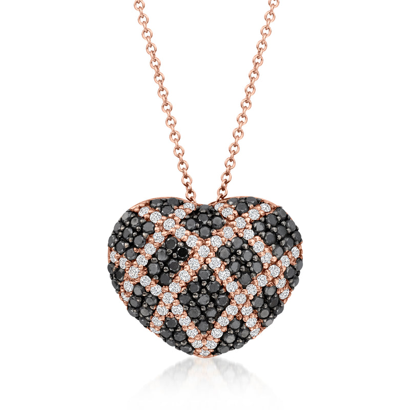 Rose-gold heart pendant necklace with black and white diamond cluster setting