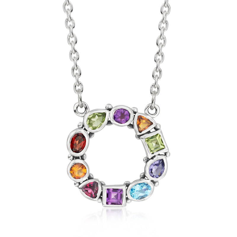 Sterling silver circle necklace with colorful multi-gemstone in square settings