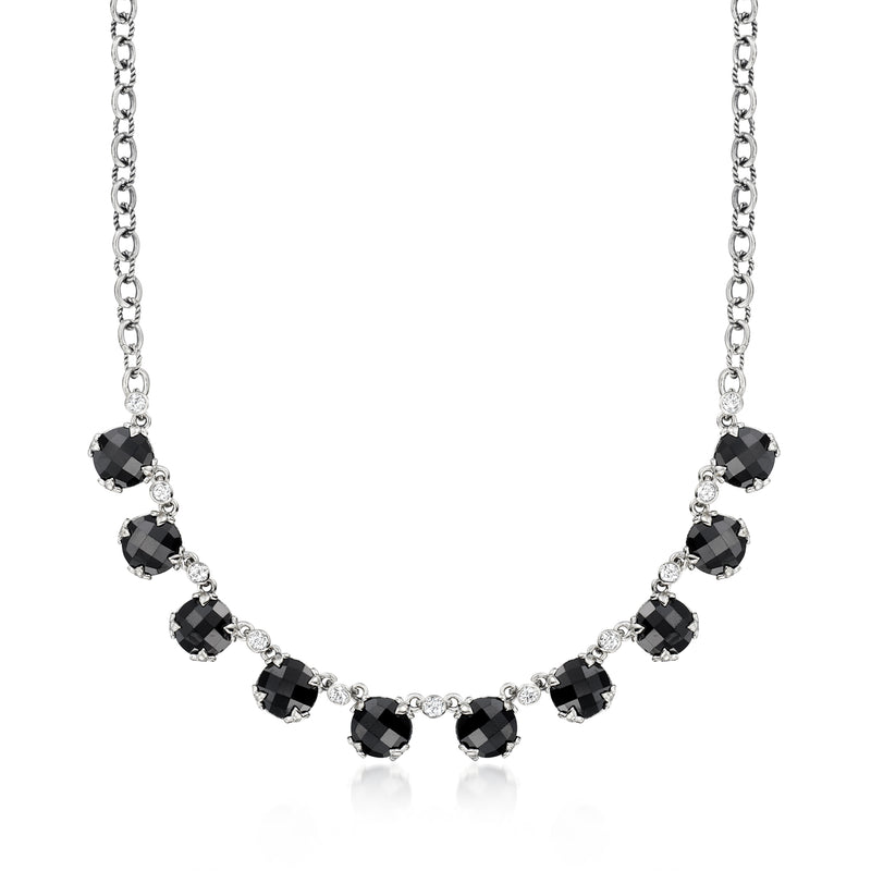 Sterling silver necklace with faceted black stones and small white crystal spacers
