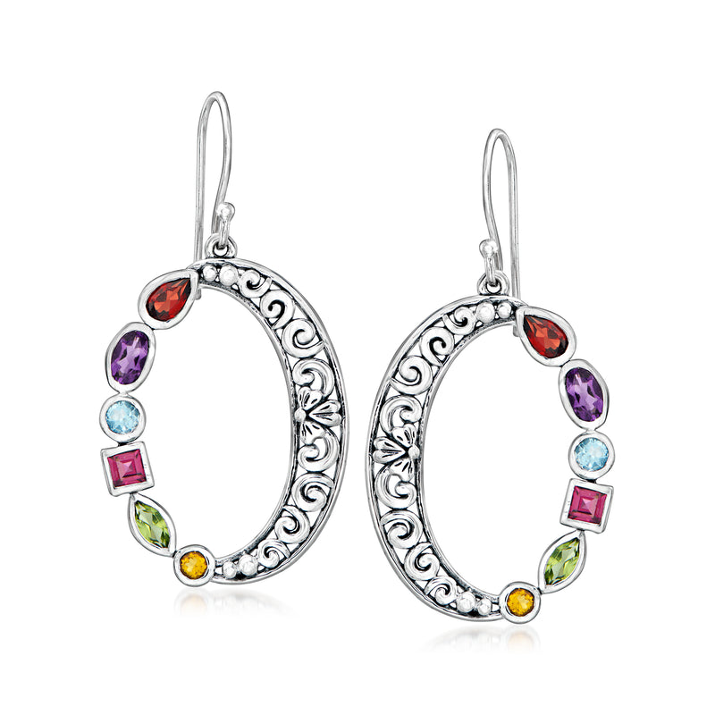 Sterling silver filigree circle drop earrings with multicolor gemstones on earwires