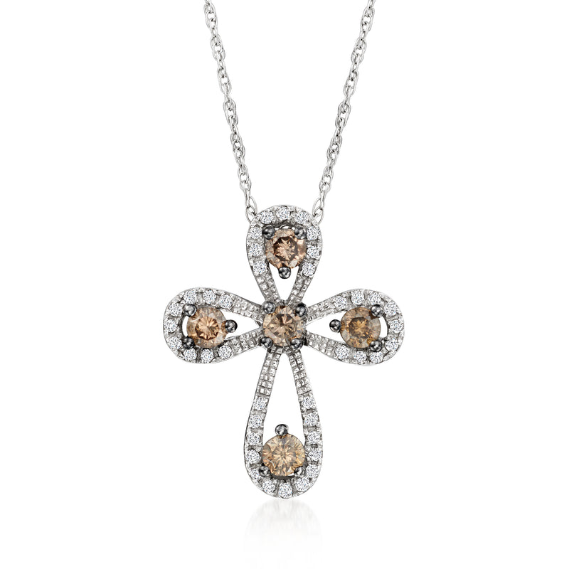 14kt vanilla gold diamond cross pendant necklace with oval brown and white stone clusters