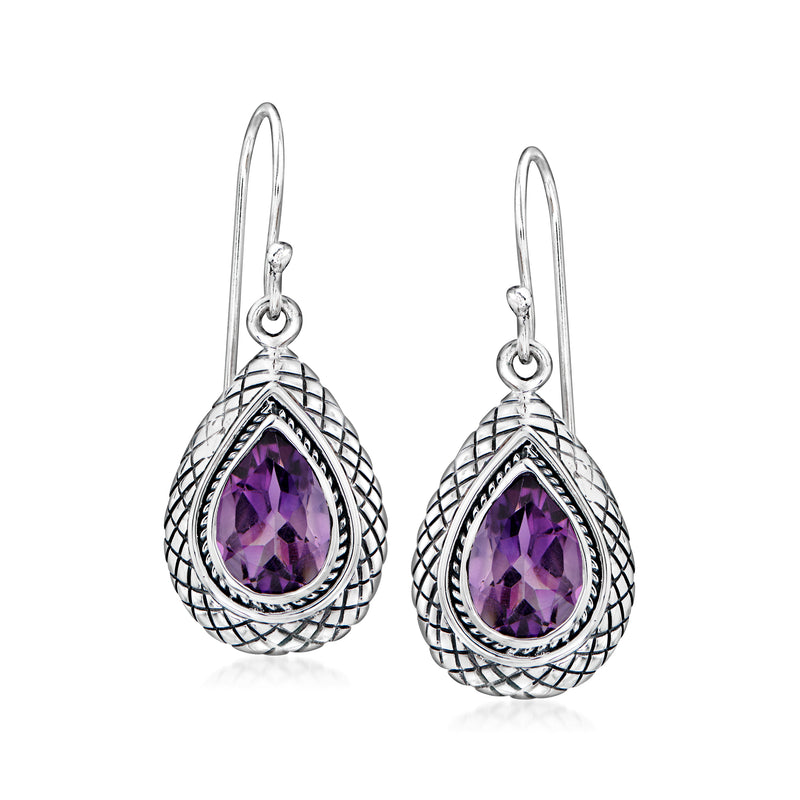 Sterling silver Bali-style drop earrings with teardrop amethyst gemstone
