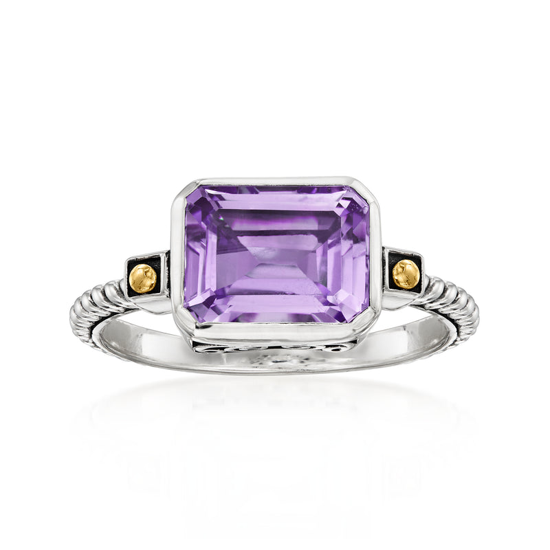 Sterling silver twisted ring with rectangular amethyst gemstone and two 18kt yellow gold posts