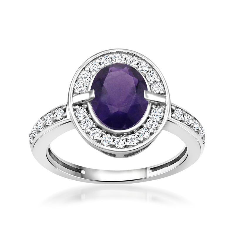 Sterling silver amethyst ring with white topaz halo