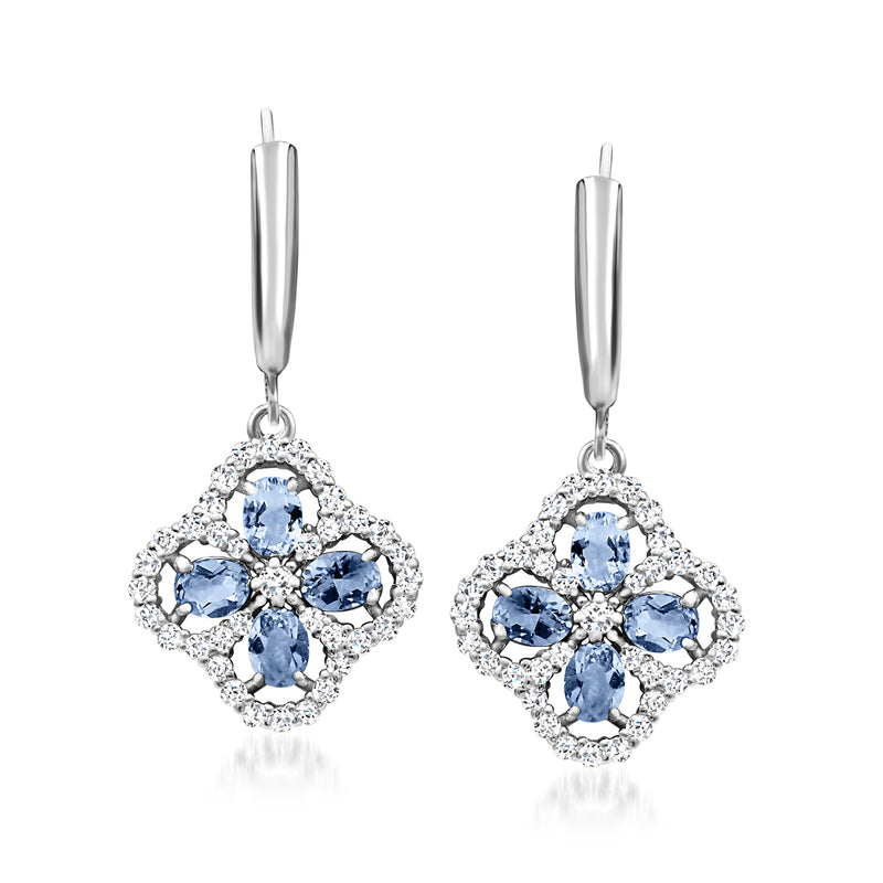 Sterling silver clover drop earrings with blue and white topaz stones