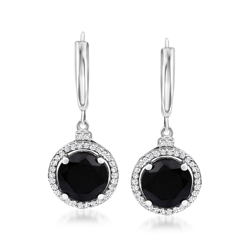 Sterling silver leverback drop earrings with round black gemstone halos of clear stones