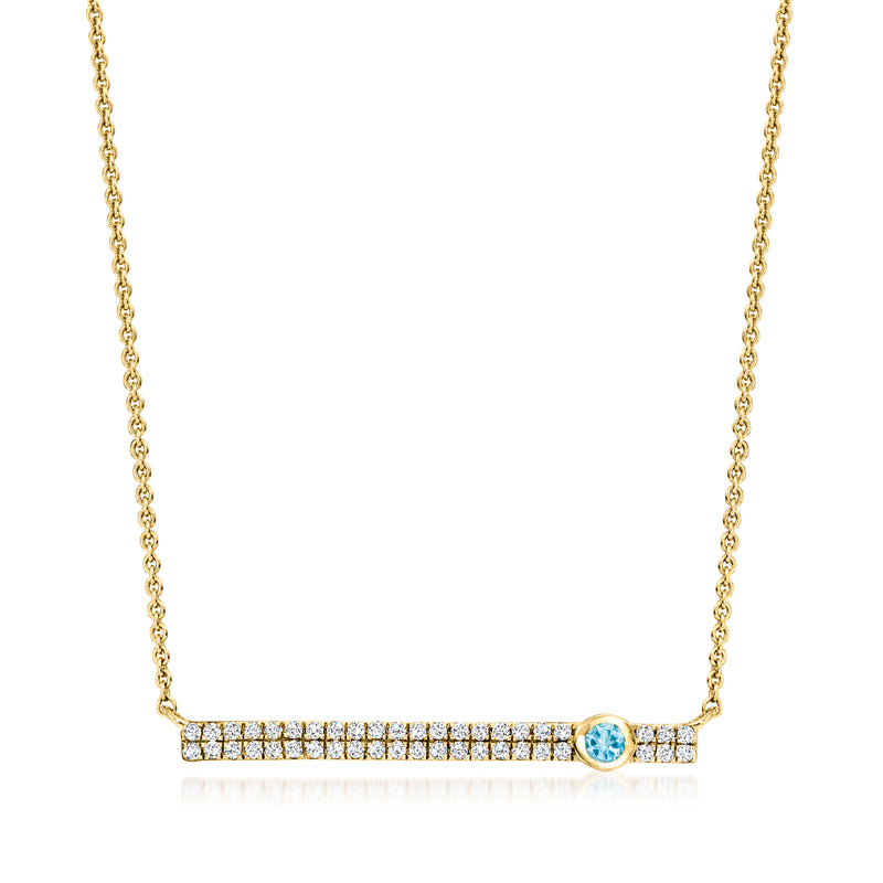 14kt yellow gold bar necklace with white topaz and blue topaz accent