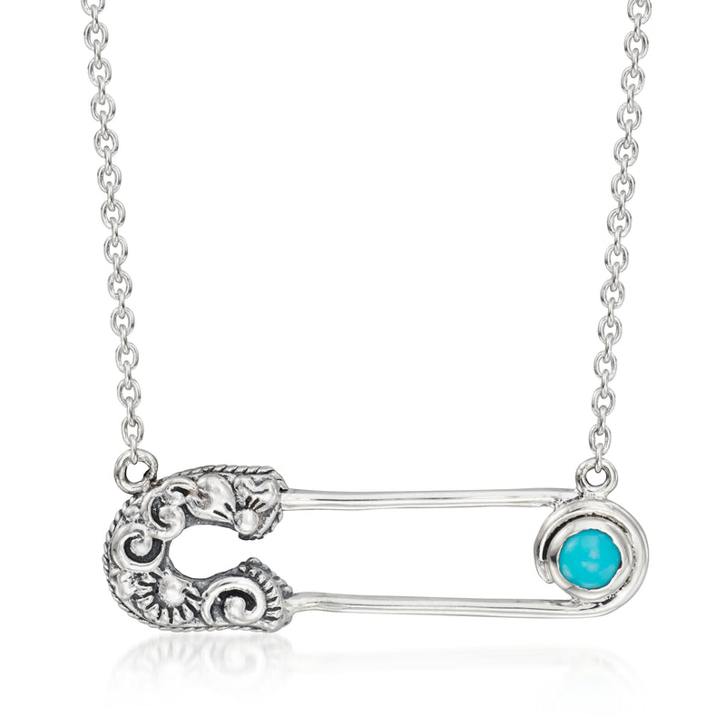 Sterling silver safety pin necklace with turquoise oval gemstone pendant and chain