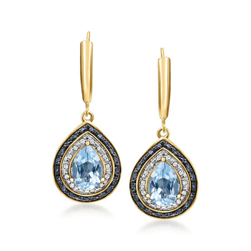 Gold leverback drop earrings with teardrop sky-blue topaz and diamond halo, dark-blue accents