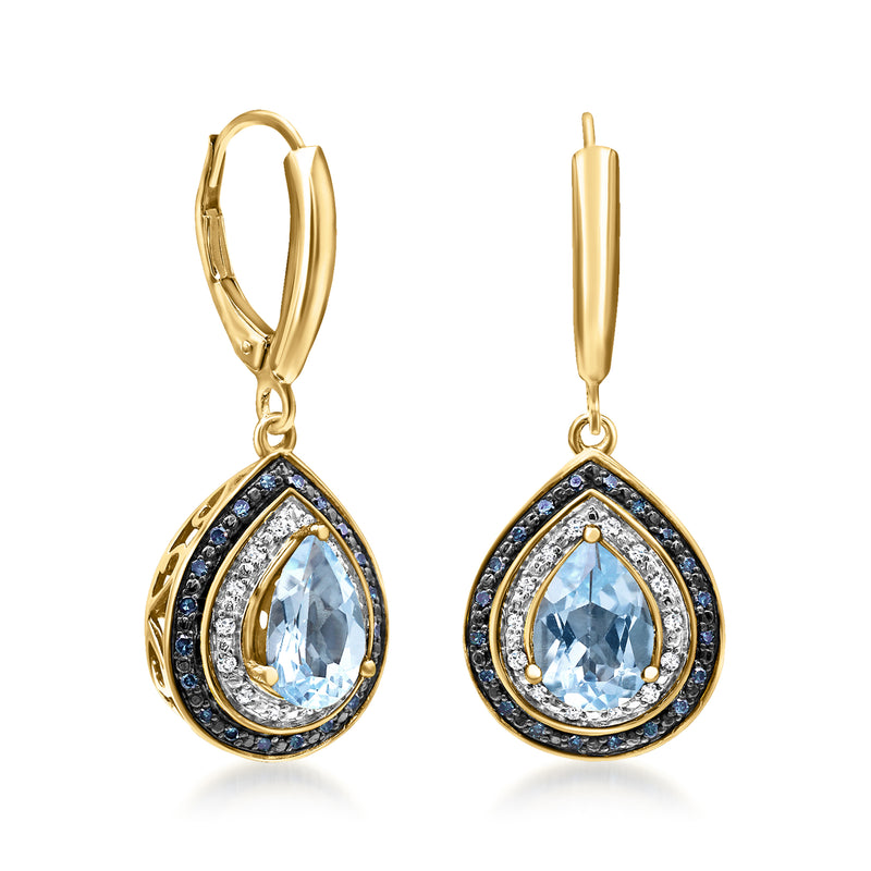 Gold leverback drop earrings with teardrop sky-blue topaz center and diamond-dark-blue halo