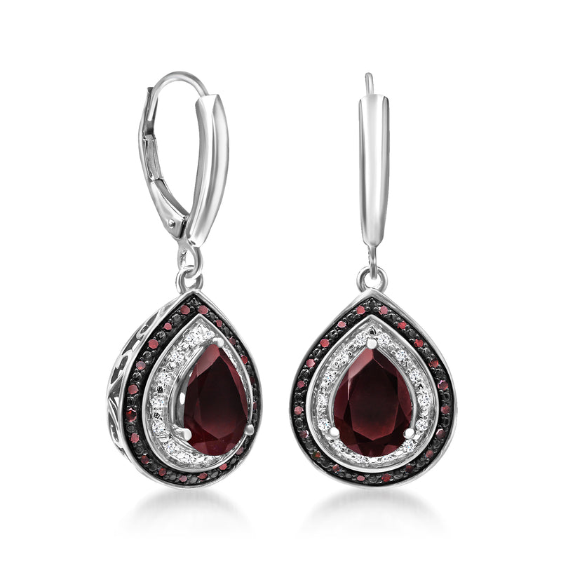 Sterling silver leverback drop earrings with pear red gemstone, black and white halo