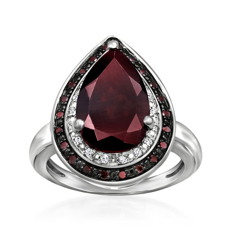 Sterling silver teardrop garnet ring with diamond halo and red gemstone accents