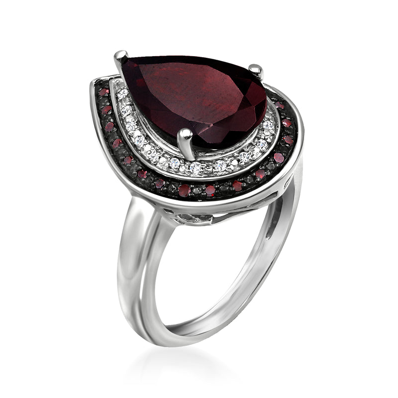 Sterling silver ring with pear garnet and red and white diamond accents