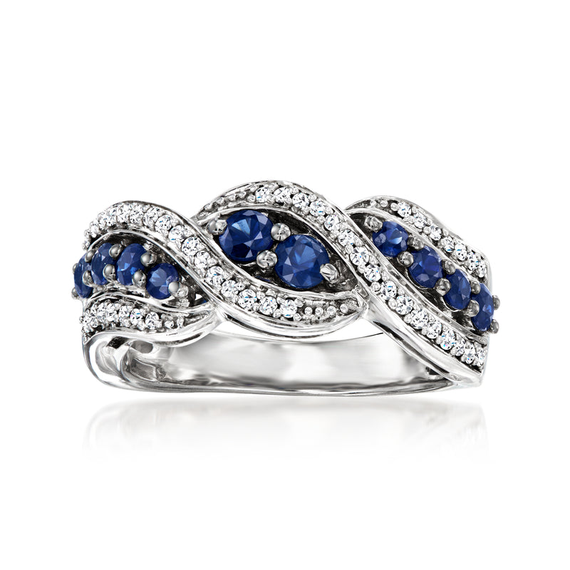 Twisted gemstone ring with oval blue sapphires and round white diamond accents