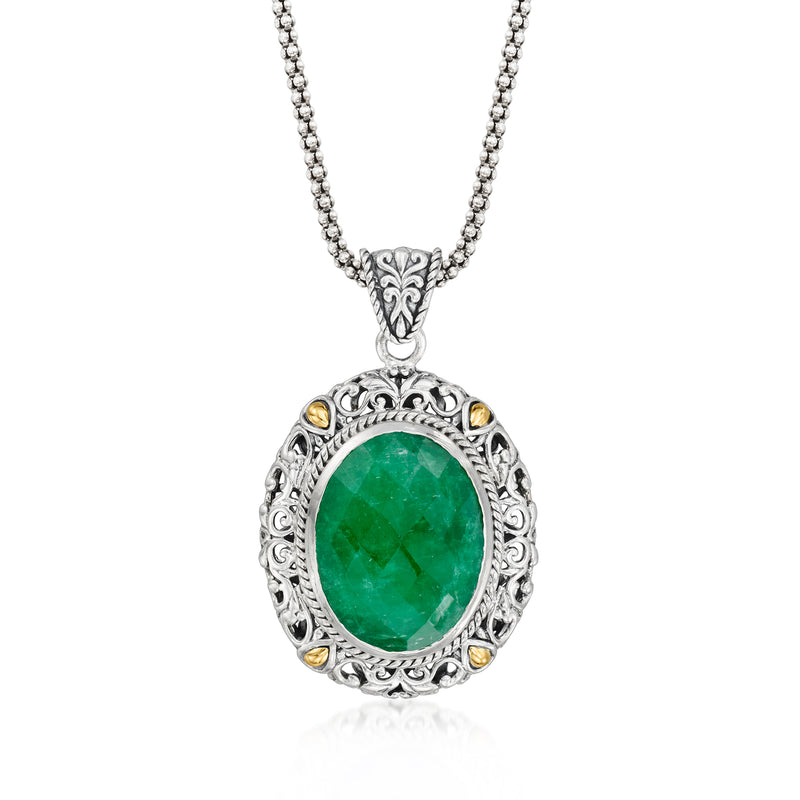 Sterling silver pendant necklace with oval green gemstone in filigree frame, yellow gold accents