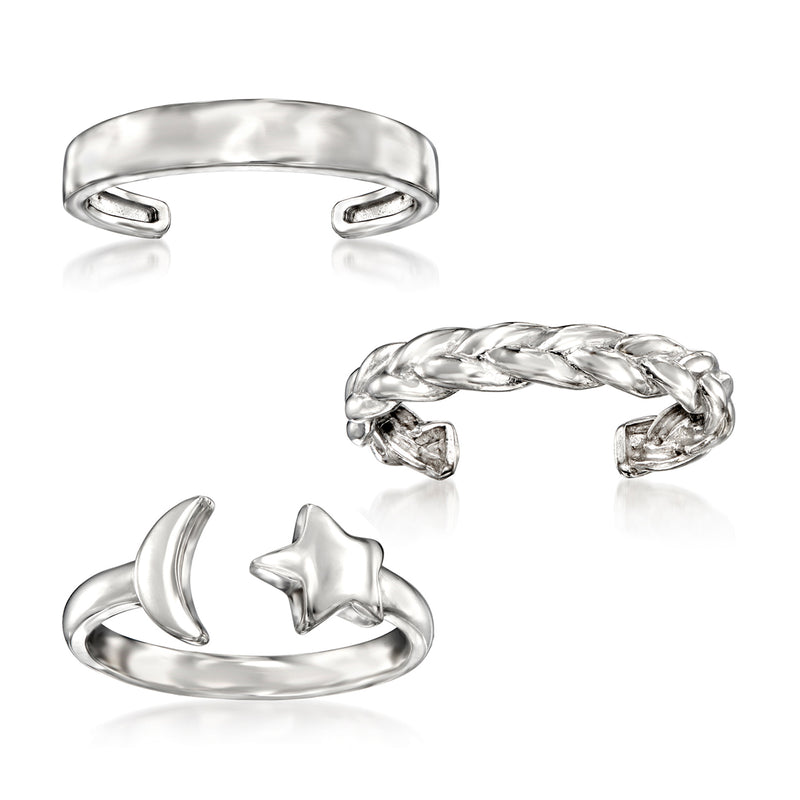 Sterling silver toe ring set of three: braided band, crescent, and star design