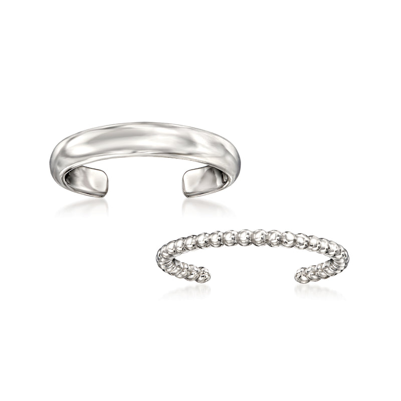 Sterling silver two-toe ring set: smooth open band and beaded chain ring