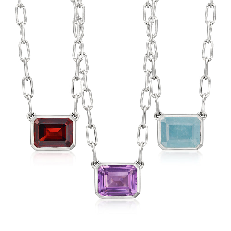 Sterling silver paper clip link necklace with square red gemstone pendant