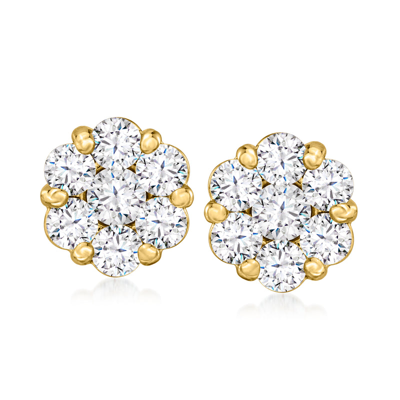 14kt yellow gold diamond cluster stud earrings, round flower design with post backs