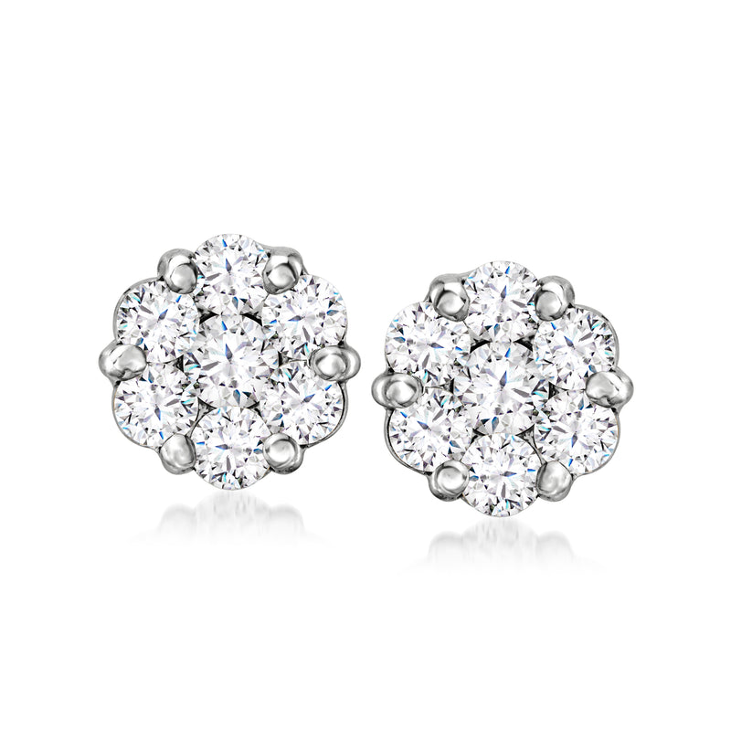 14kt white gold diamond cluster stud earrings, round stones on post backs