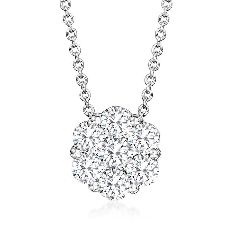 14kt white gold diamond cluster necklace with round brilliant center and halo