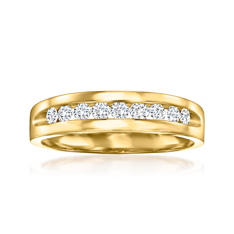 14kt yellow gold men's channel-set diamond ring with row of round stones