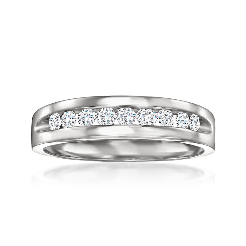 Men's channel-set diamond ring in 14kt white gold, smooth band with row of round stones